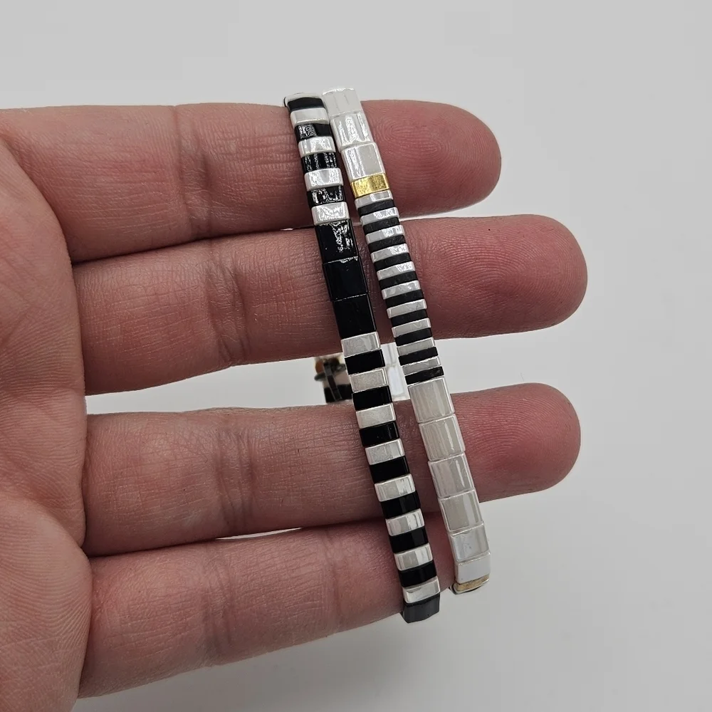BPD pair of Pixie stretch bracelets black white gold